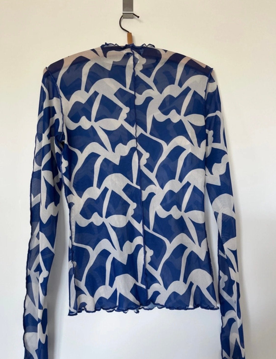 Monkl Mesh Top met Lange Mouwen - Blauw/Wit Patroon, Ophalen, Blauw, Zo goed als nieuw, Lange mouw