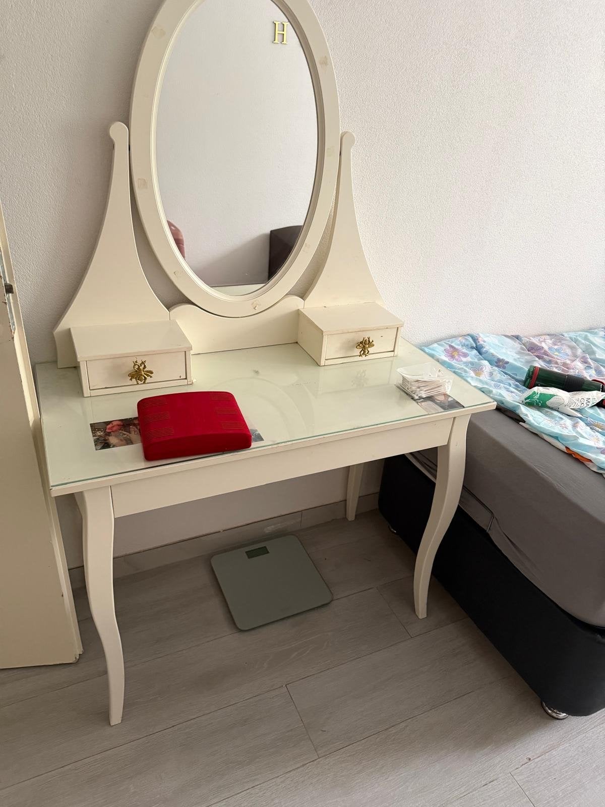 Crèmekleurige kaptafel met spiegel en lades, Gebruikt, 100 tot 150 cm, Hout, 50 tot 100 cm