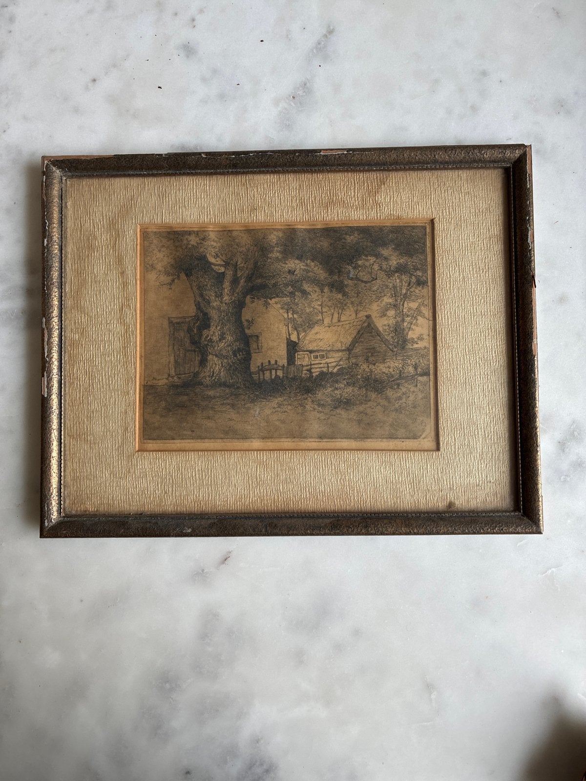 Oude boerderij met grote boom - Ets, Antiek en Kunst, Ets, Ophalen of Verzenden, Origineel, Landschap