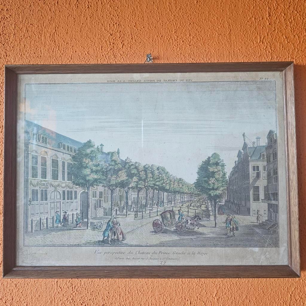 Antieke Opticaprent: Kasteel Prinsengracht Den Haag 18e E, Antiek en Kunst, Kunst | Etsen en Gravures, Ophalen of Verzenden
