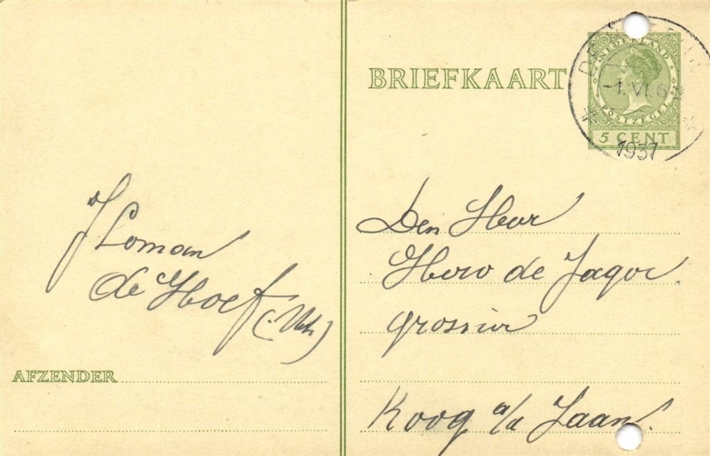 J. Lomom, de Hoef - 06.1937 - briefkaart, Ophalen of Verzenden, Briefkaart