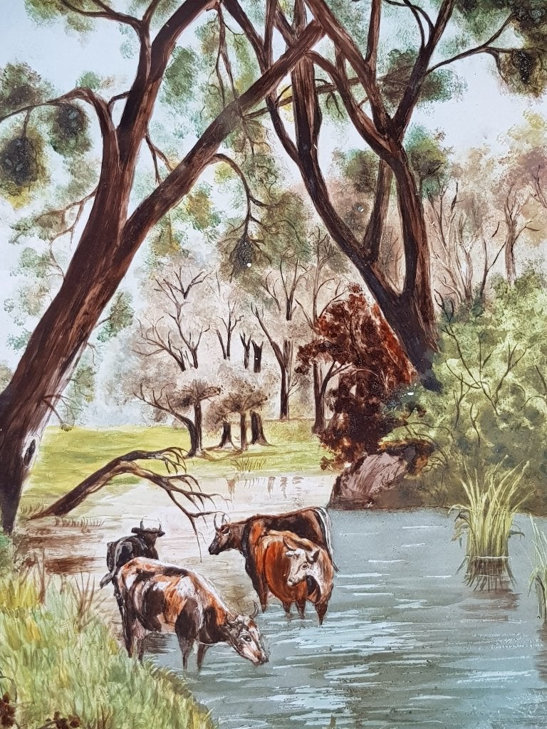Twee zeldzame antieke schilderij wandborden van Moore & Co., Ophalen, Overige ondergronden, Olieverf, Klassiek