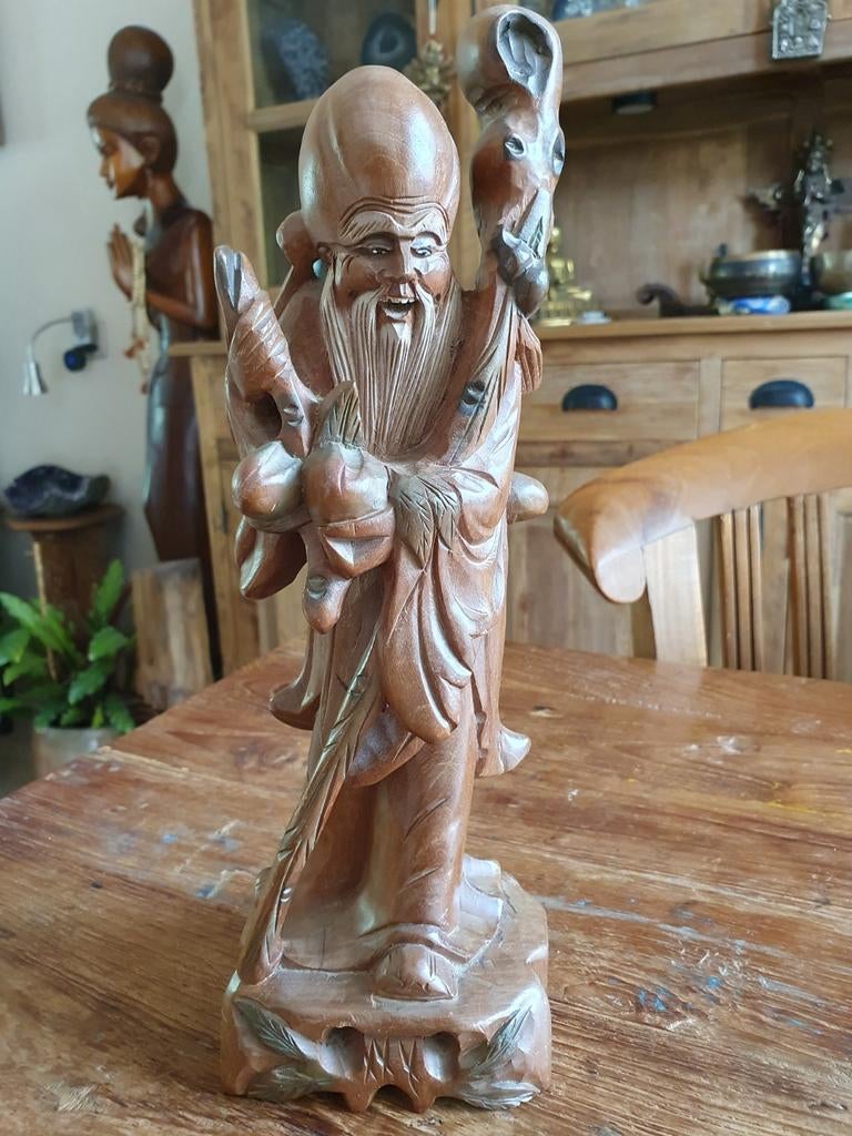 Shou Xing beeld van hout (god van de levensduur), Overige onderwerpen, Houtsnijwerk, Ophalen of Verzenden, Handgemaakt