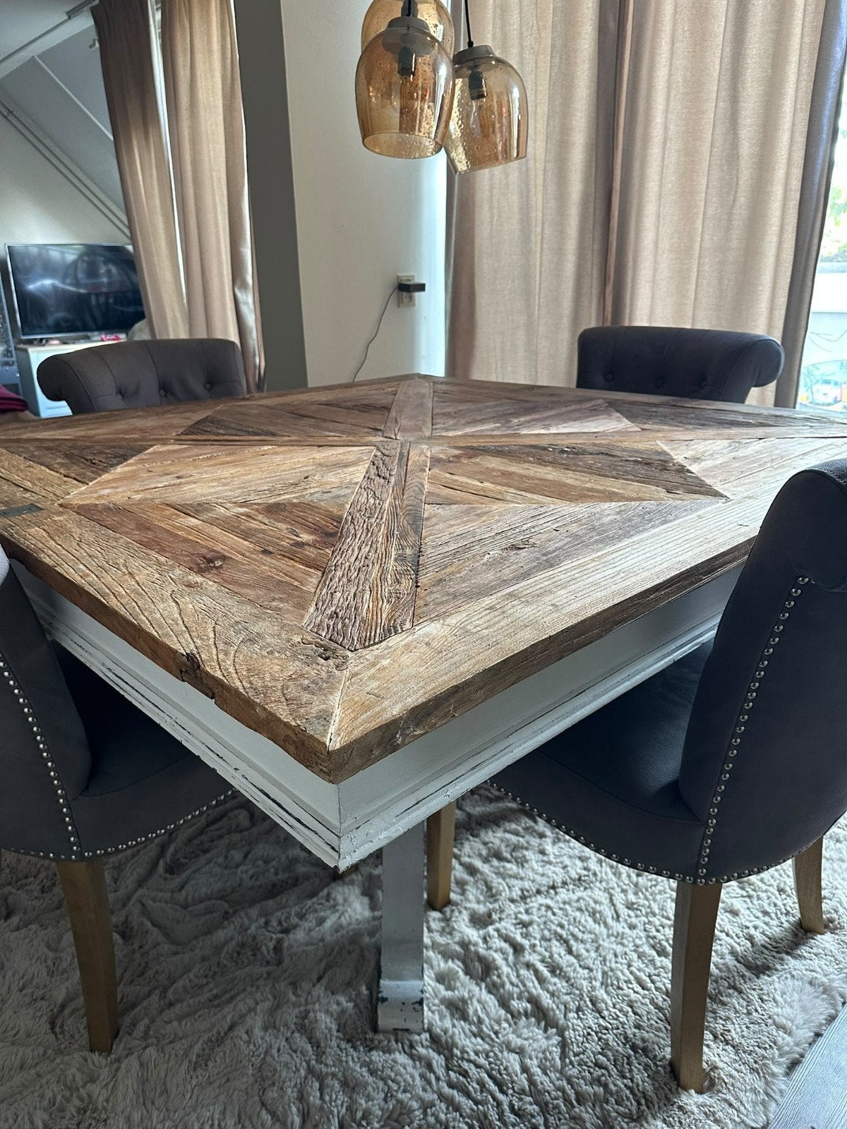 Riviera Maison Tafel Belvedere 150x150cm - Prima Staat, Ophalen, 150 tot 200 cm, Vierkant, Zo goed als nieuw