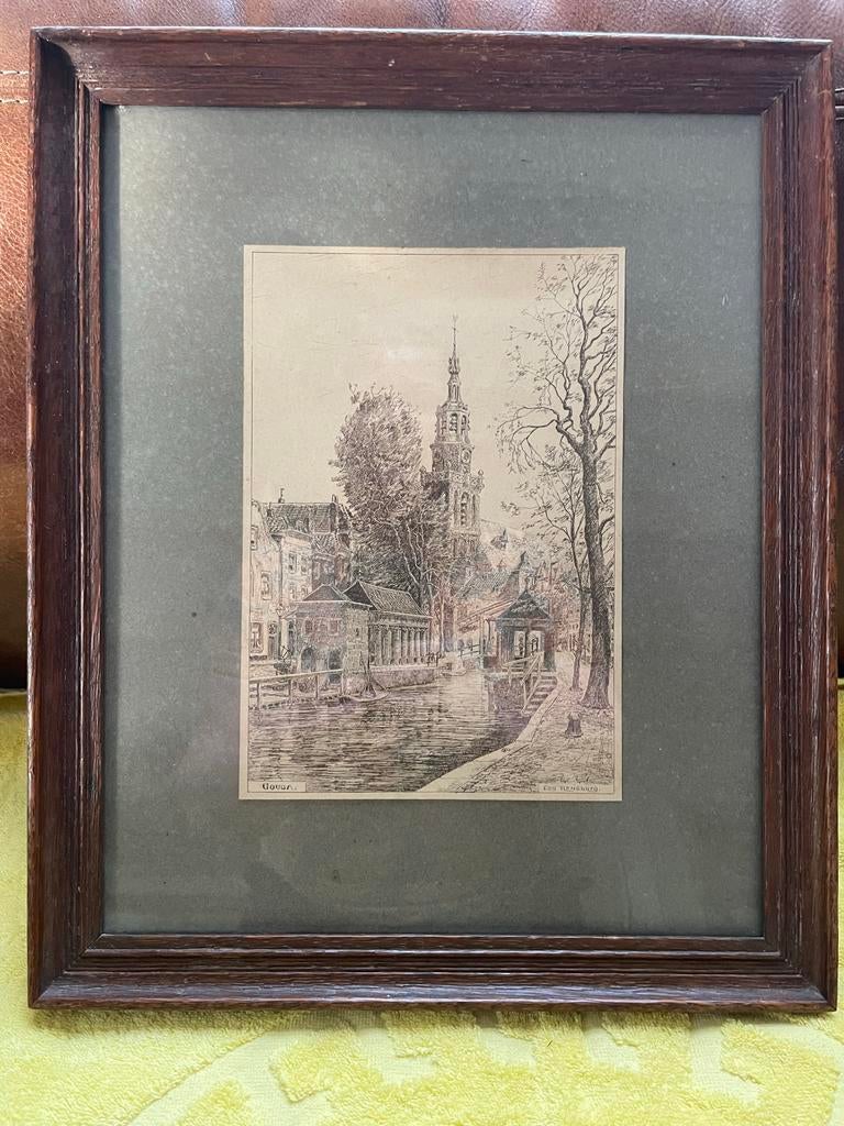 Ets historische binnenstad Gouda eug. Rensburg, Antiek en Kunst, Kunst | Etsen en Gravures, Ingelijst, Ets, Stadsgezicht, Ophalen of Verzenden