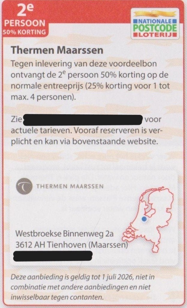 Thermen Maarssen. 2e persoon 50% korting Postcodeloterij bon, Tickets en Kaartjes, Twee personen, Kortingsbon, Spa of Sauna