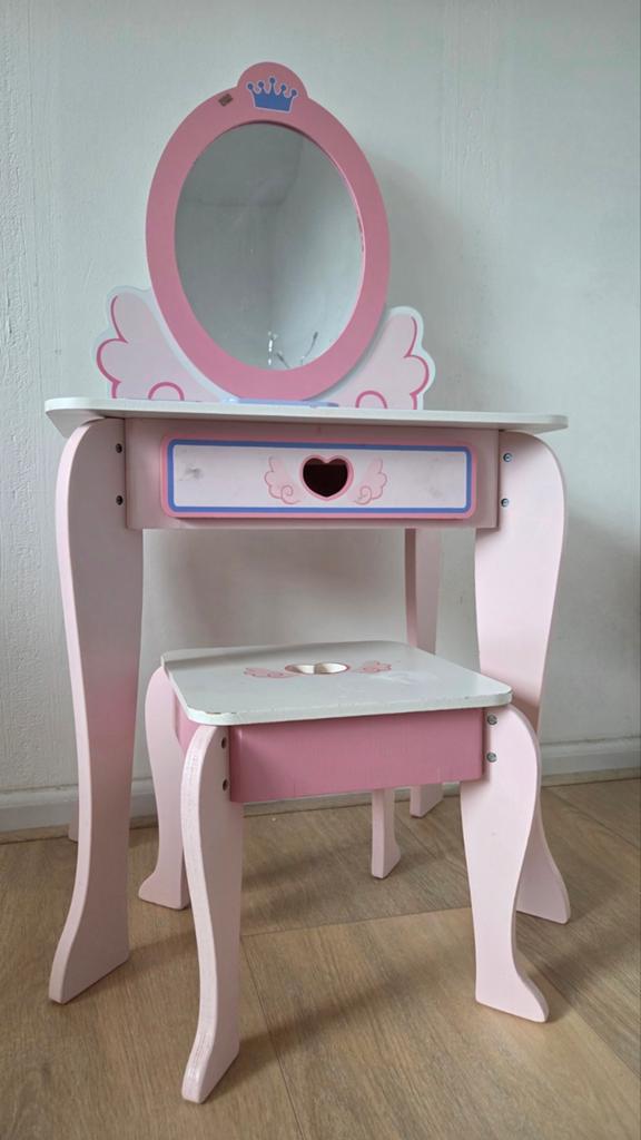 Roze make-up tafel met spiegel en krukje voor kinderen, Ophalen, Gebruikt, Tafel(s) en Stoel(en)