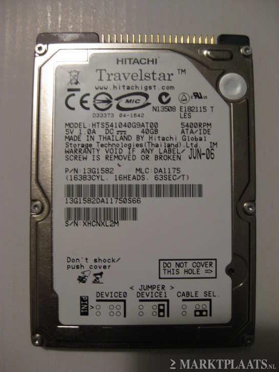 Hitachi 40GB 5400rpm 2,5" IDE laptop harddisk, Computers en Software, Intern, Gebruikt, HDD, Ophalen of Verzenden