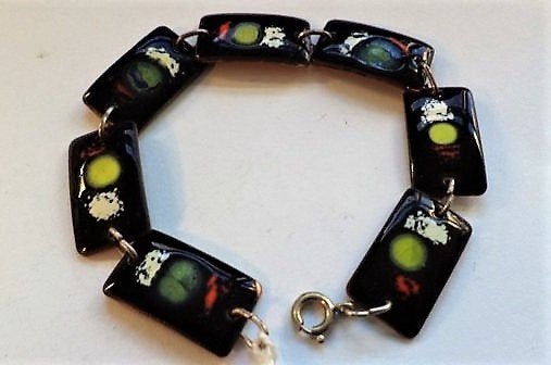 Prachtige vintage koperen Schakelarmband met Zwart Emaille, Ophalen, Zo goed als nieuw, Zwart, Overige materialen
