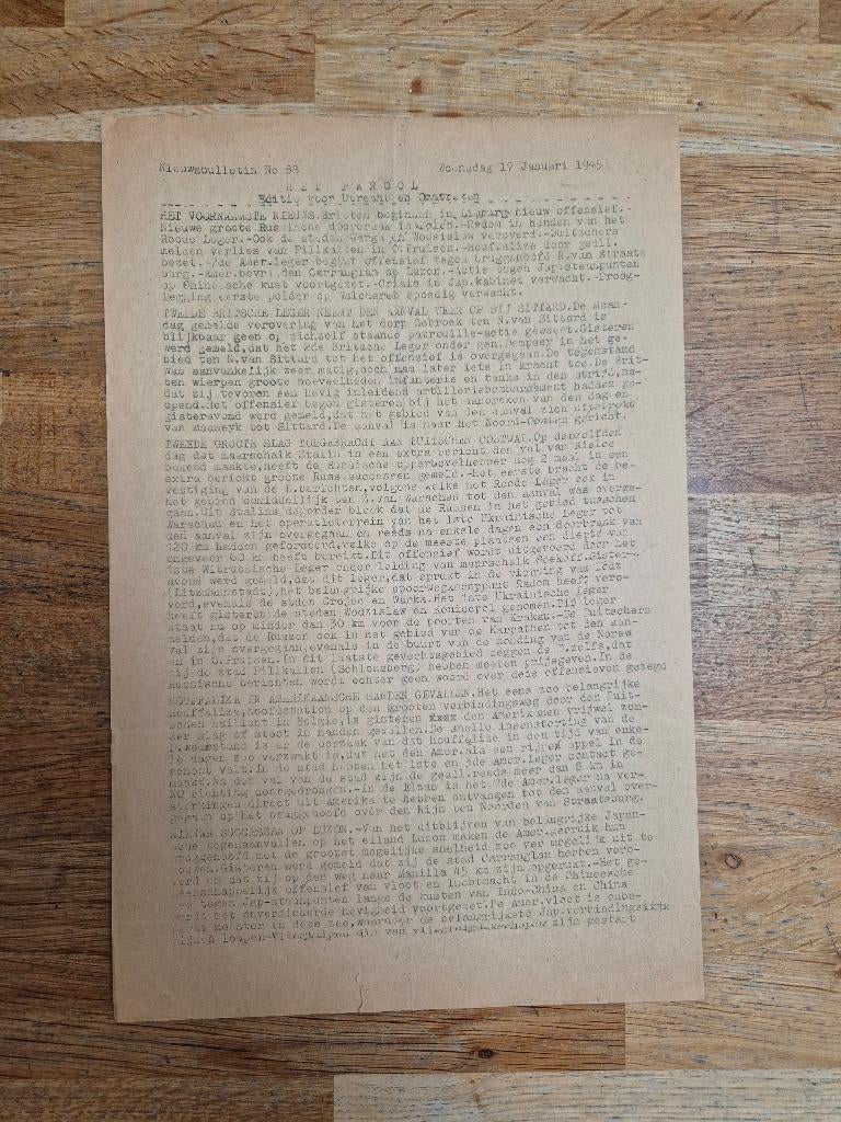 Wo2 illegale pers verzetskrant Het Parool, 17 januari 1945, Ophalen of Verzenden, Nederland, Boek of Tijdschrift
