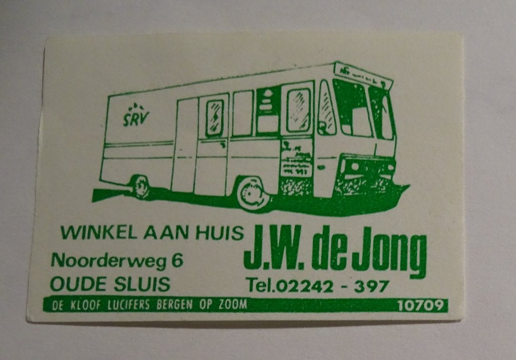 J.W. de JONG   Winkel aan Huis    Noorderweg   OUDE SLUIS, Verzenden, Zo goed als nieuw, Luciferdoosjes of -merken