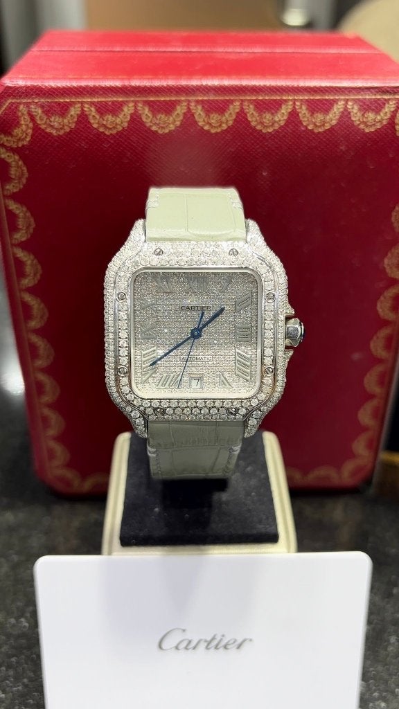 Cartier santos XL ref 4072 15ct diamonds vvs f, Overige merken, Overige materialen, Leer, Polshorloge