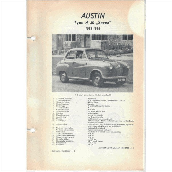 Austin A30 Seven Vraagbaak losbladig 1955-1956 #1 Nederlands, Ophalen of Verzenden, Gelezen, Overige merken