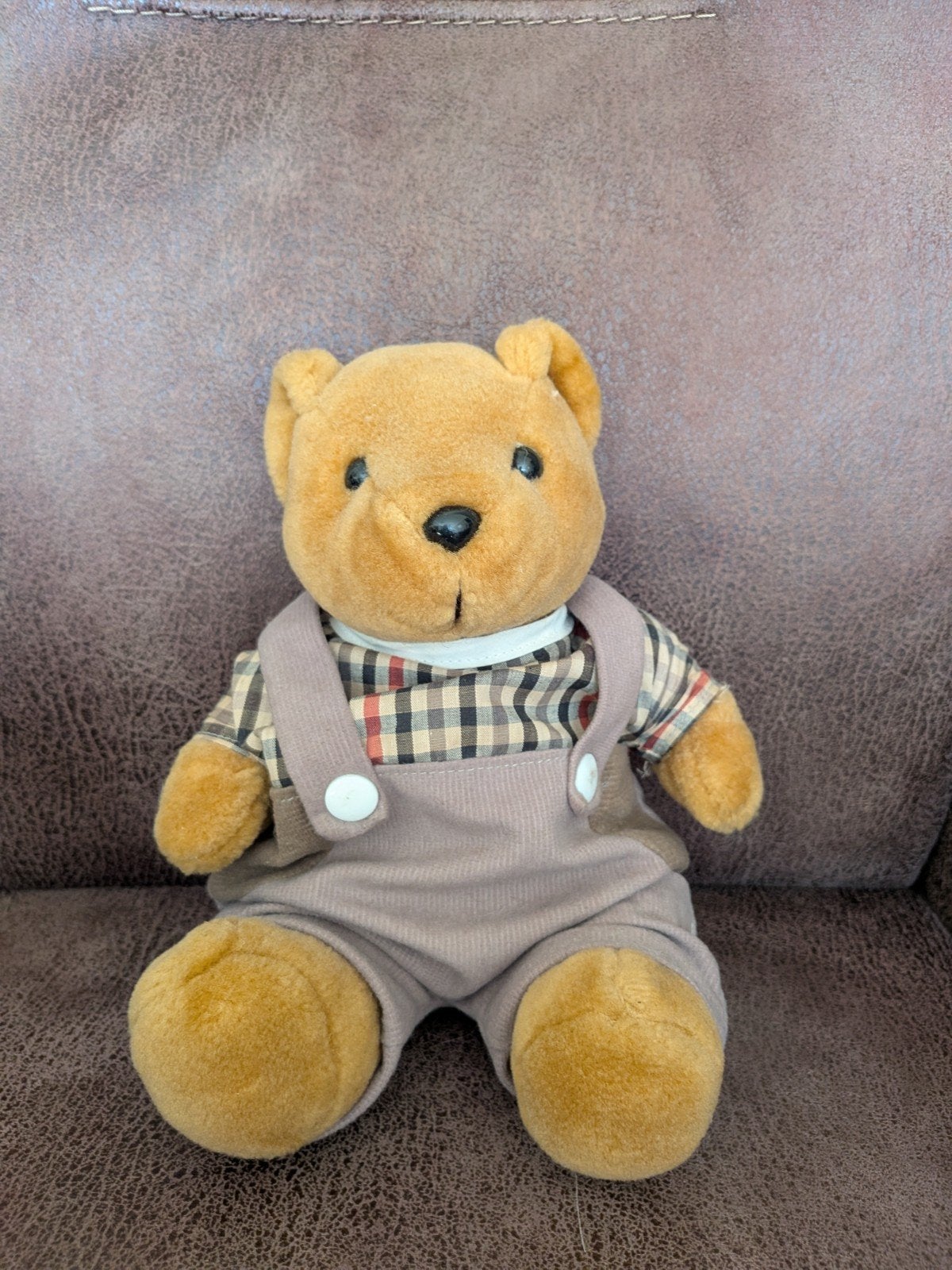 Vintage Teddybeer in Tuinbroek & Geruit Overhemd, Ophalen, Zo goed als nieuw, Stoffen beer, Overige merken