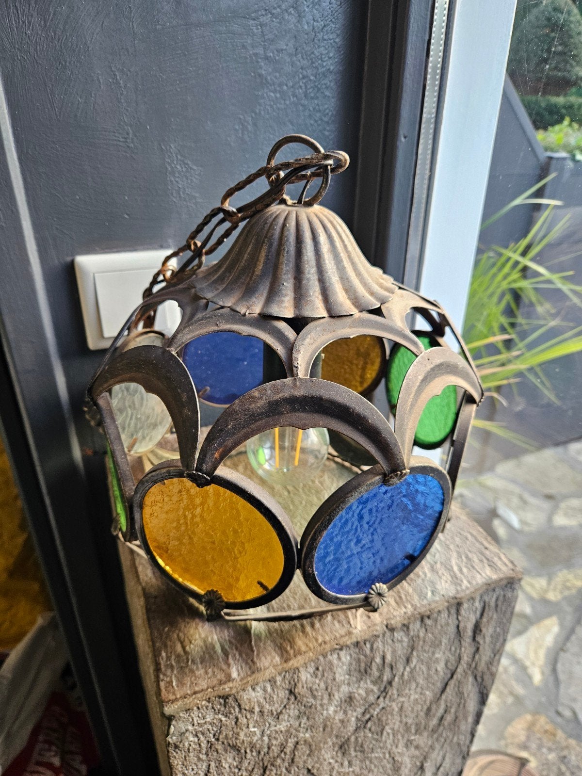 Vintage Hanglamp met Gekleurd Glas in lood - Oosters Design, Ophalen of Verzenden
