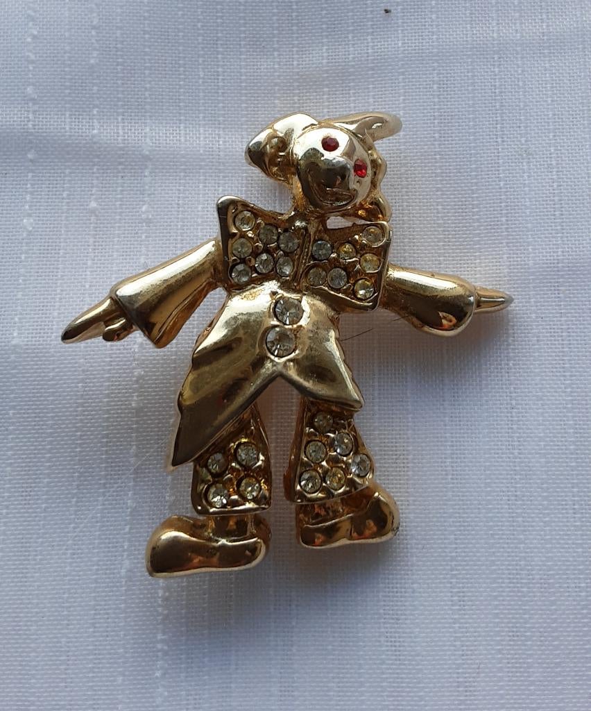 KLEINE CLOWN BROCHE MET STRASS rode ogen (39), Overige materialen, Ophalen of Verzenden, Zo goed als nieuw, Goud
