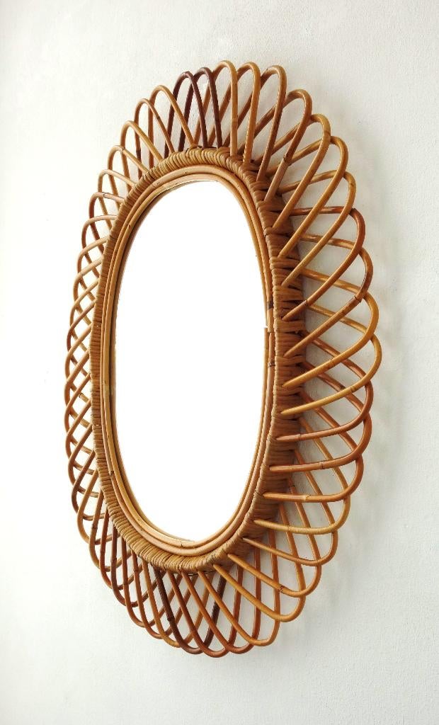 Vintage bamboe spiegel ovaal Wicker rotan XXL Franco Albini, Gebruikt, Ophalen of Verzenden, Minder dan 100 cm, Ovaal