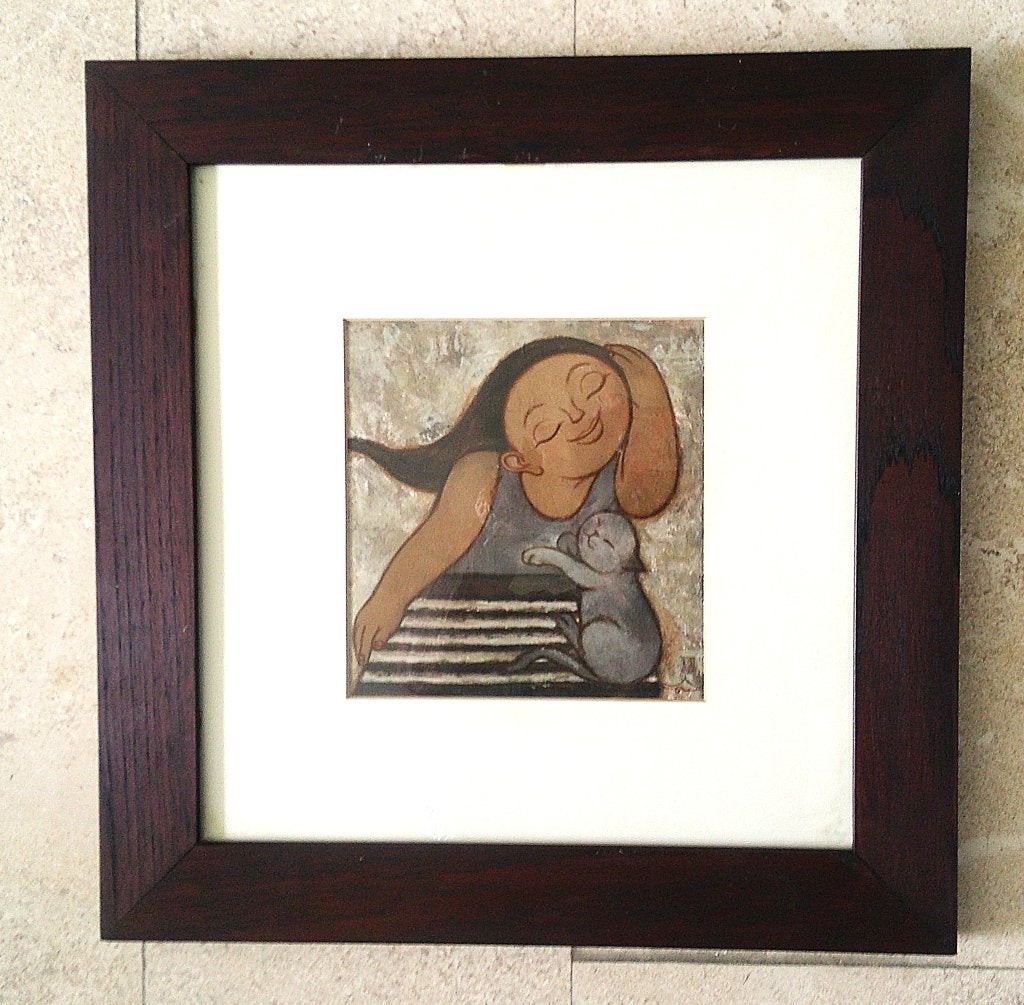 3) - Meisje met grijs poesje ca.1990 - Indiase School, Paneel, Portret of Personen, Bijzondere lijst, Impressionistisch