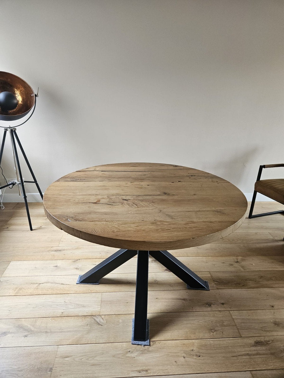 Industriële ronde tafel, robuust eikenhouten blad, Ophalen, 100 tot 150 cm, 100 tot 150 cm, Eikenhout