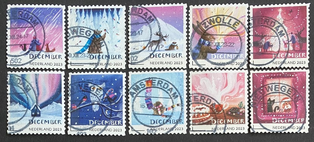 Decemberzegels 2023 gestempeld - mail uw keuze + bod, Postzegels en Munten, Ophalen of Verzenden, Na 1940, Gestempeld