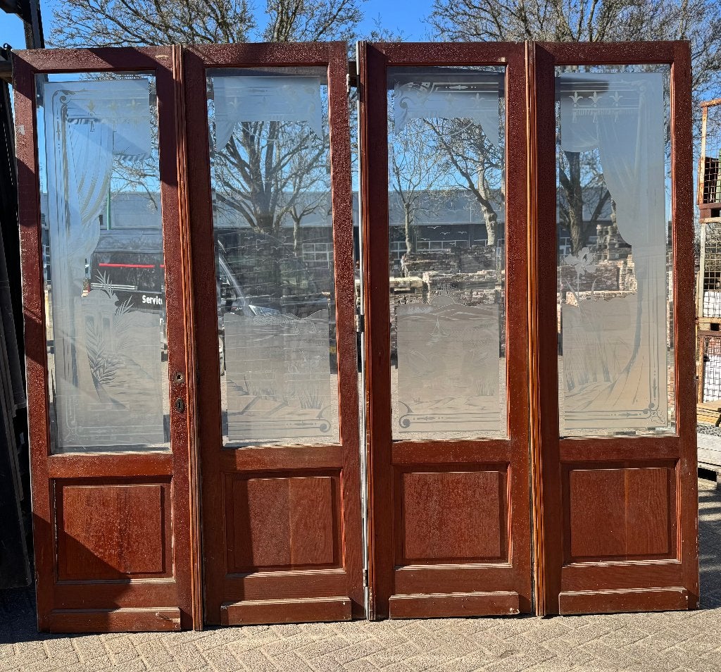 4-delige antieke openslaande deuren met geëtst glas 249x282