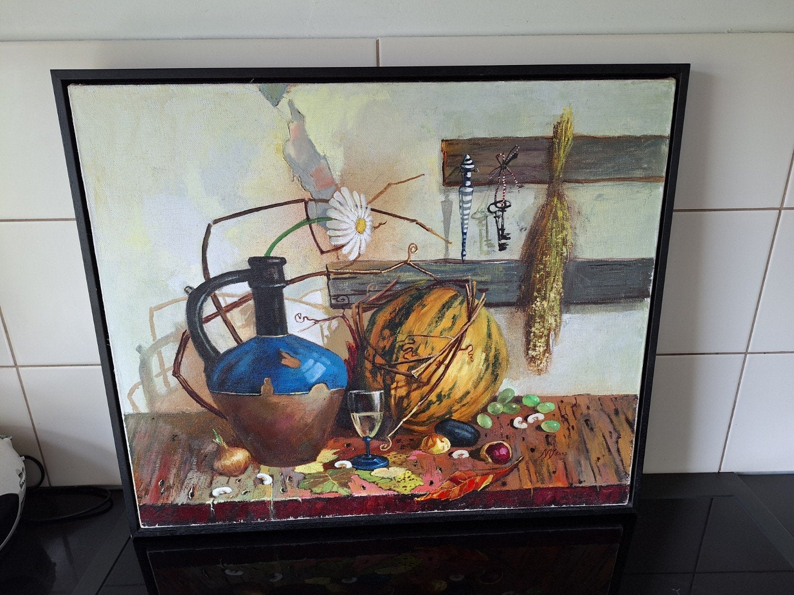 Stilleven met pompoen en kruik, gesigneerd 2002, Stilleven, Ophalen of Verzenden, Handgeschilderd, Olieverf
