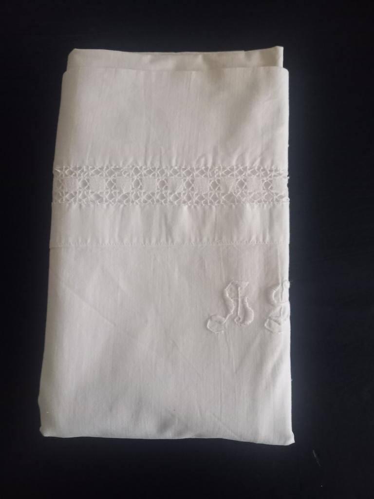 Antiek Zweeds laken met monogram HS en kant, Antiek en Kunst, Ophalen of Verzenden