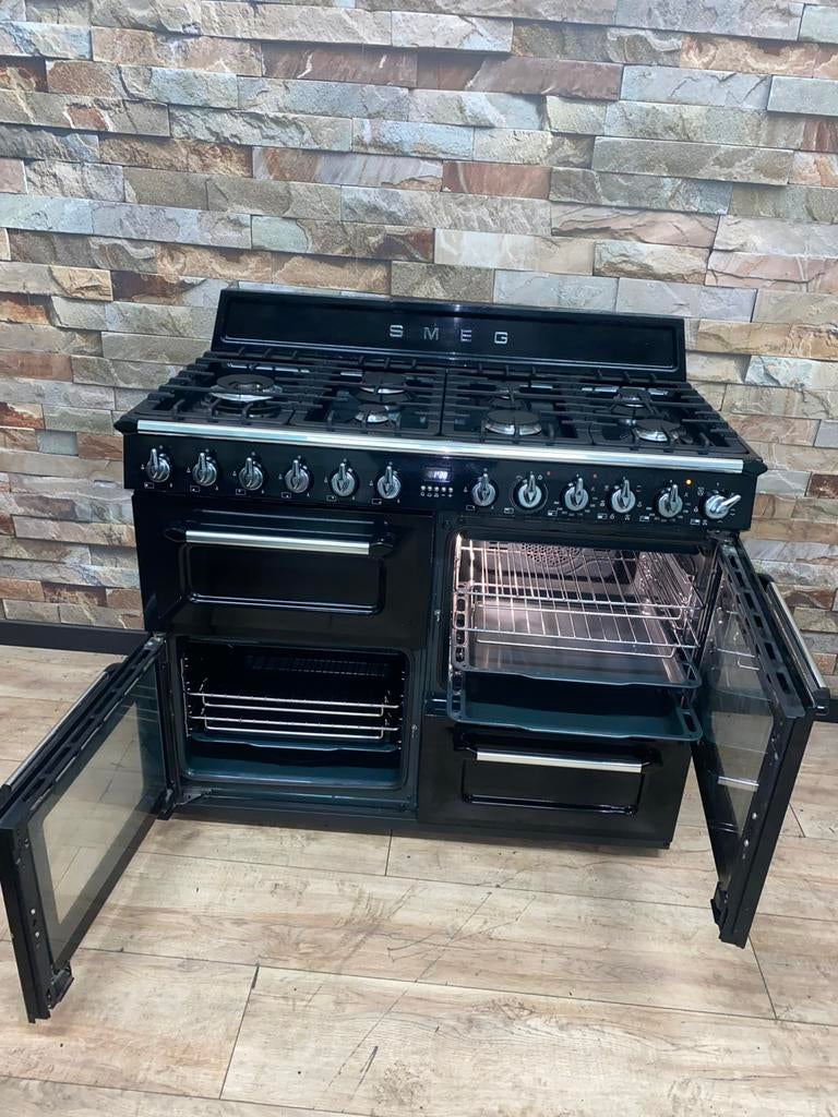 Luxe Smeg 7 pits zwart hoogglans met 3 ovens 110 cm, 60 cm of meer, Fornello Esperta, Grill, Ophalen of Verzenden