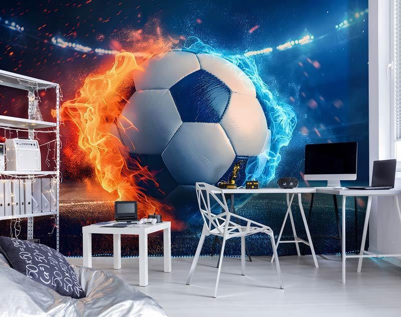 Fotobehang / Behang - Kinderkamer - Voetbal in Vurig Duel, Voetbal, Blauw, Ophalen of Verzenden, Minder dan 10 m²