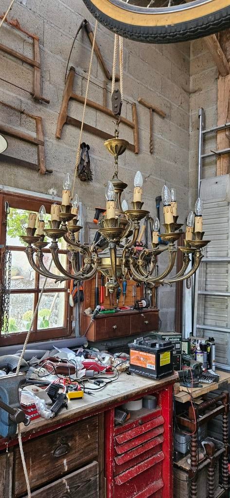Bronze antiek lamp 15 armen doorsnee 85 cm rond 2m50cm, Huis en Inrichting, Lampen | Kroonluchters, Ophalen, Gebruikt, Overige materialen