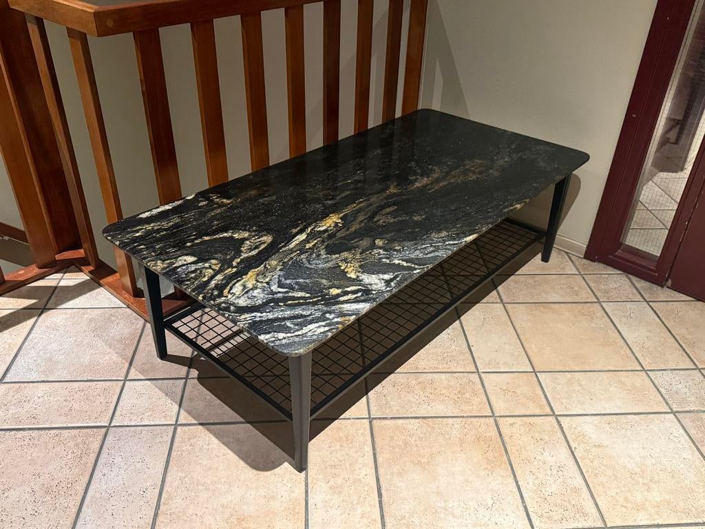 Kwartsiet Belvedere salontafel - zwart goud met zwarte poot, 100 tot 150 cm, Nieuw, Metaal, Rechthoekig