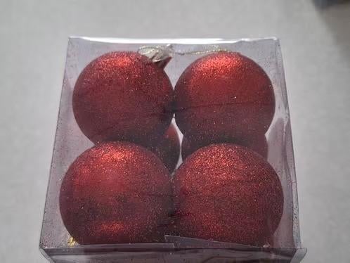 4 rode kerstballen met glitter h, Diversen, Kerst, Onbekend, Ophalen of Verzenden, Zo goed als nieuw, Losse verkoop