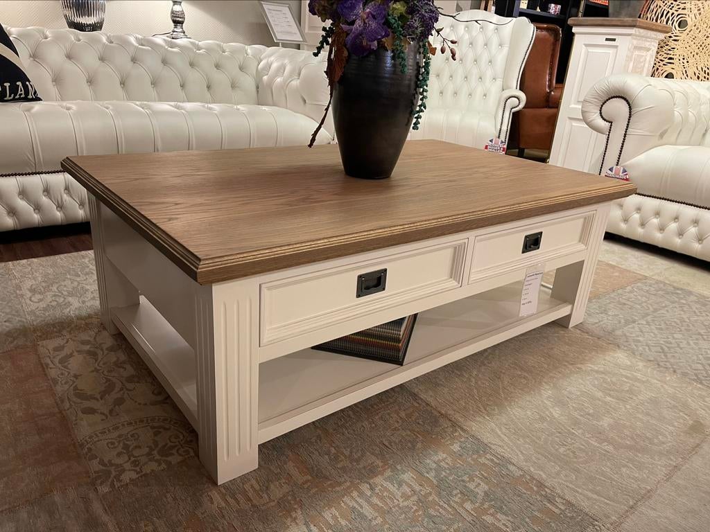 NIEUW: Landelijke Salontafel wit met een massief eiken blad, Huis en Inrichting, Tafels | Salontafels, 100 tot 150 cm, Zo goed als nieuw