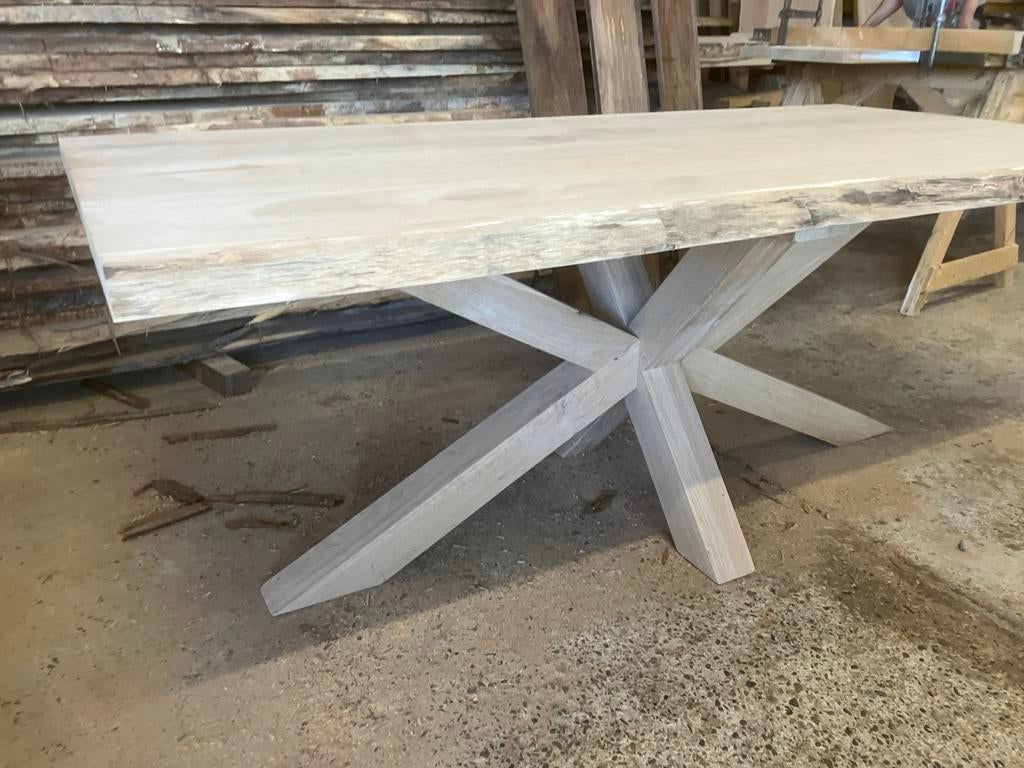 eiken boomstam tafel met matrix eiken onderstel, Ophalen, 200 cm of meer, Zo goed als nieuw, Vijf personen of meer