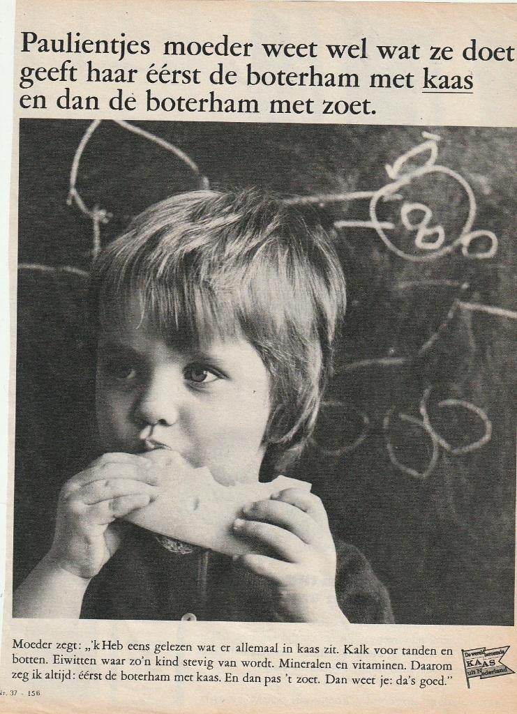 Retro reclame 1966 Kaas zuivel meisje Paulien eet het, Verzamelen, Retro, Overige typen, Verzenden
