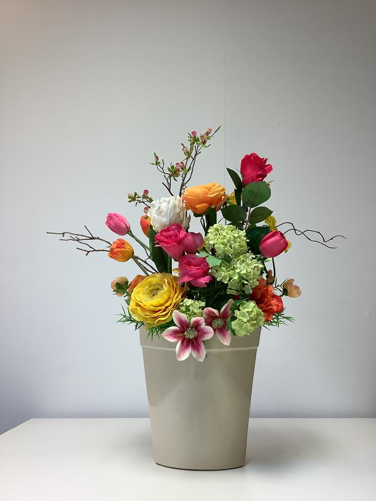 Super fleurig boeket in smalle ovalen stenen pot 65 hoog, Ophalen, Zo goed als nieuw