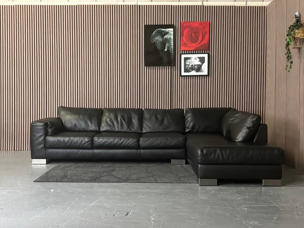 GRATIS LEVERING Hoekbank Leer Zwart 320x220 GEREINIGD, Huis en Inrichting, Banken | Bankstellen, Zo goed als nieuw, Hoekbank, Vierpersoons of meer
