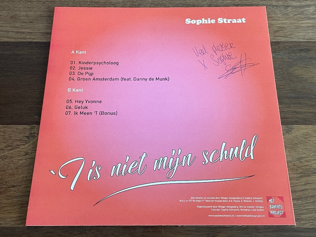 Vinyl EP Sophie Straat T Is Niet Mijn Schuld GESIGNEERD ZGAN, Ophalen of Verzenden, Zo goed als nieuw, Pop, EP