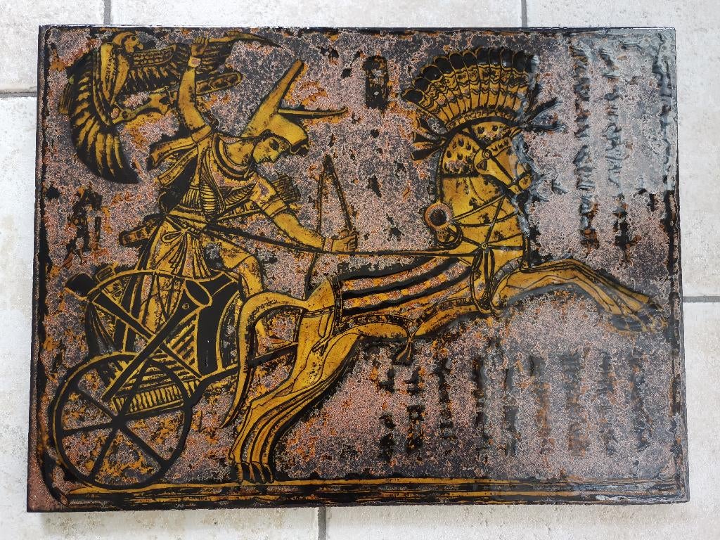 vintage Karlsruher Majolika Tegeltableau Egypt Paard Wagen, Ophalen of Verzenden