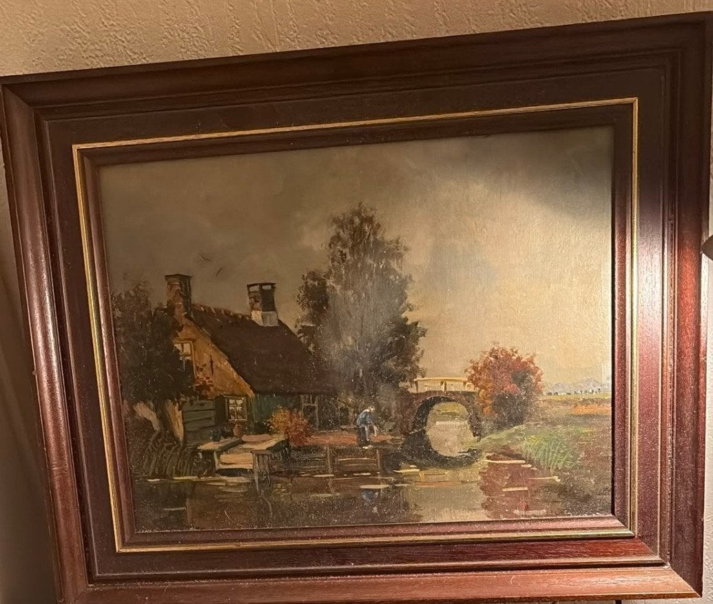 Oud Hollands Landschap Olieverf Schilderij met Boerderij, Ophalen, Handgeschilderd, Doek, Oud hollands