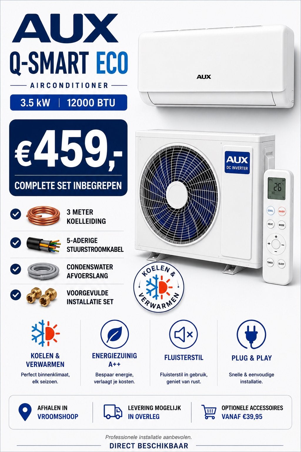 ️ AUX Q-SMART ECO AIRCO SET COMPLEET️ 3,5kw, Verwarmen, 3 snelheden of meer, Ophalen of Verzenden, Zo goed als nieuw