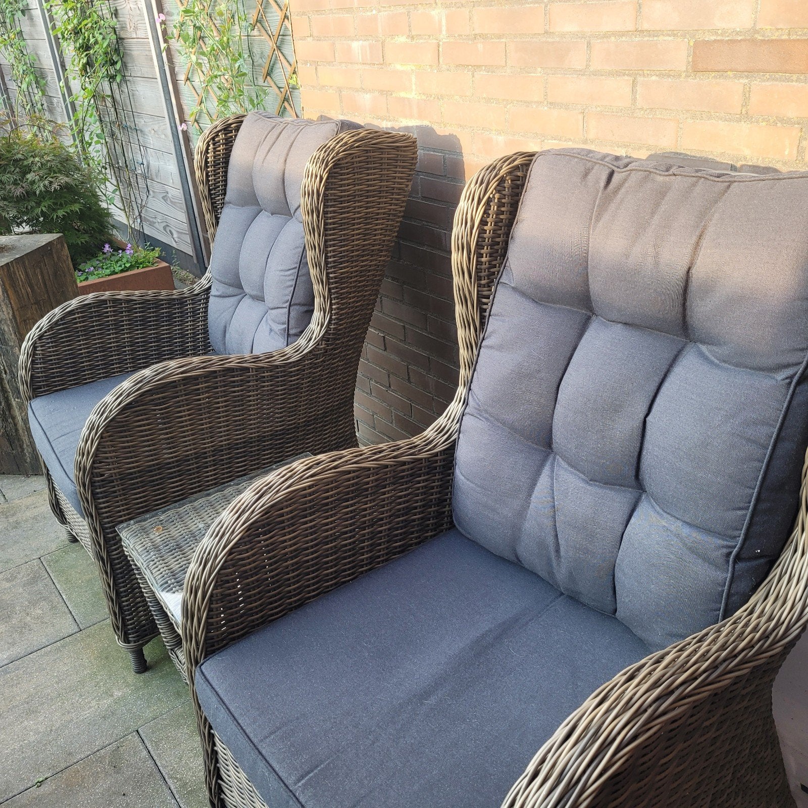 2 comfortabele tuinstoelen met kussens, Tuin en Terras, Tuinstoelen, Ophalen, Gebruikt, Wicker