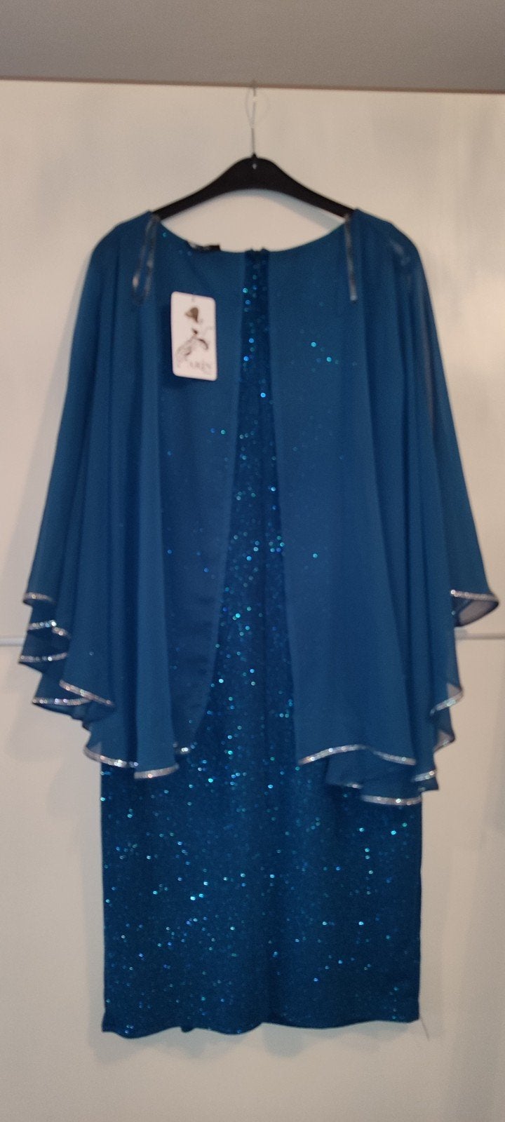 Elegante turquoise jurk met glitter en cape mouwen, Kleding | Dames, Maat 38/40 (M), Blauw, Ophalen of Verzenden, Boven de knie