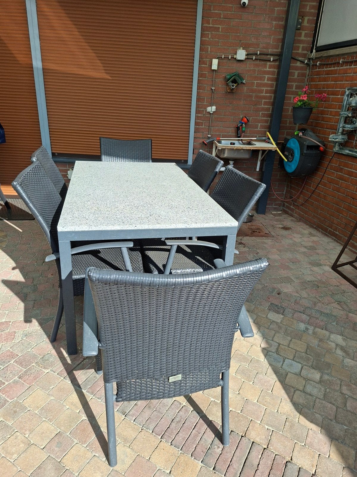 Bois le Duc Tuinset Stalen Tafel met Hardstenen Blad en 6 St, Ophalen of Verzenden, Gebruikt, Overige materialen