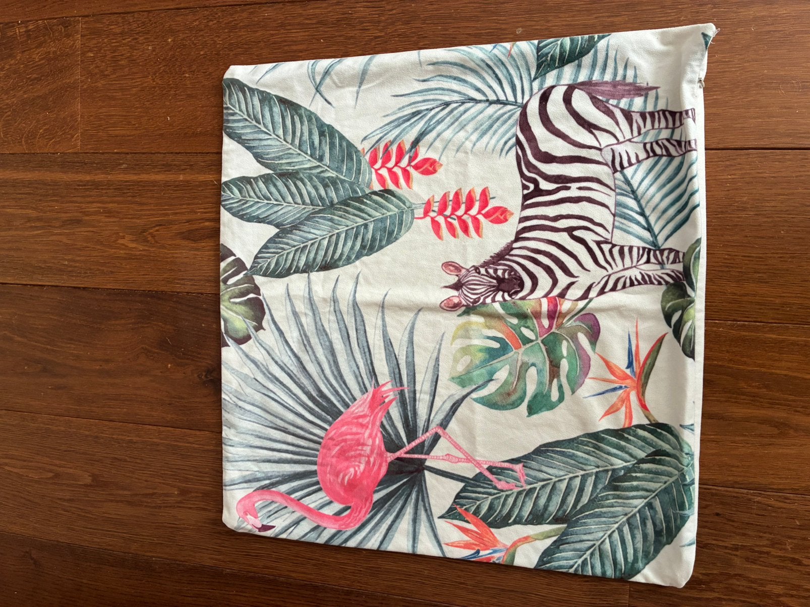 Grote Vrolijke Kussen Hoes met Palmboom Flamingo en Zebra, Ophalen of Verzenden, Zo goed als nieuw, Vierkant