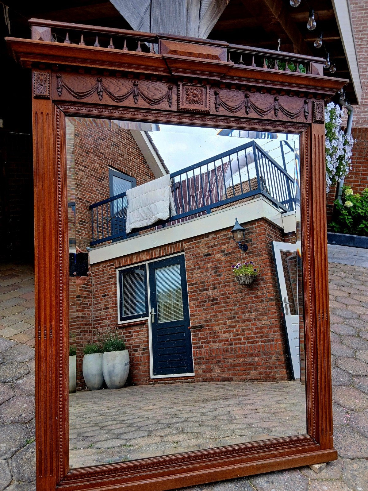 Antieke Eikenhouten Spiegel Met Facetglas (Henri II-stijl), Antiek en Kunst, Antiek | Spiegels, Ophalen, Rechthoekig, 100 tot 150 cm