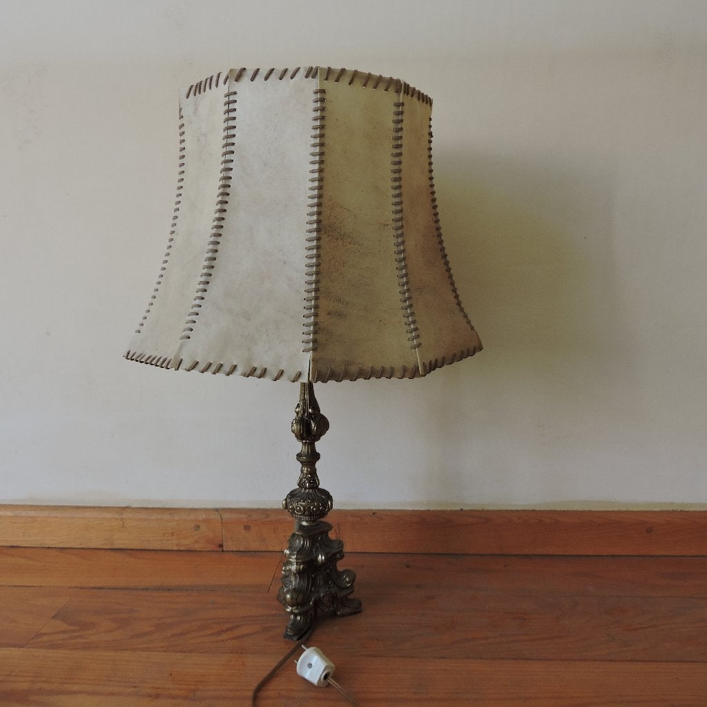Tafellamp koperen voet lederen kap lamp 70 cm, Ophalen of Verzenden