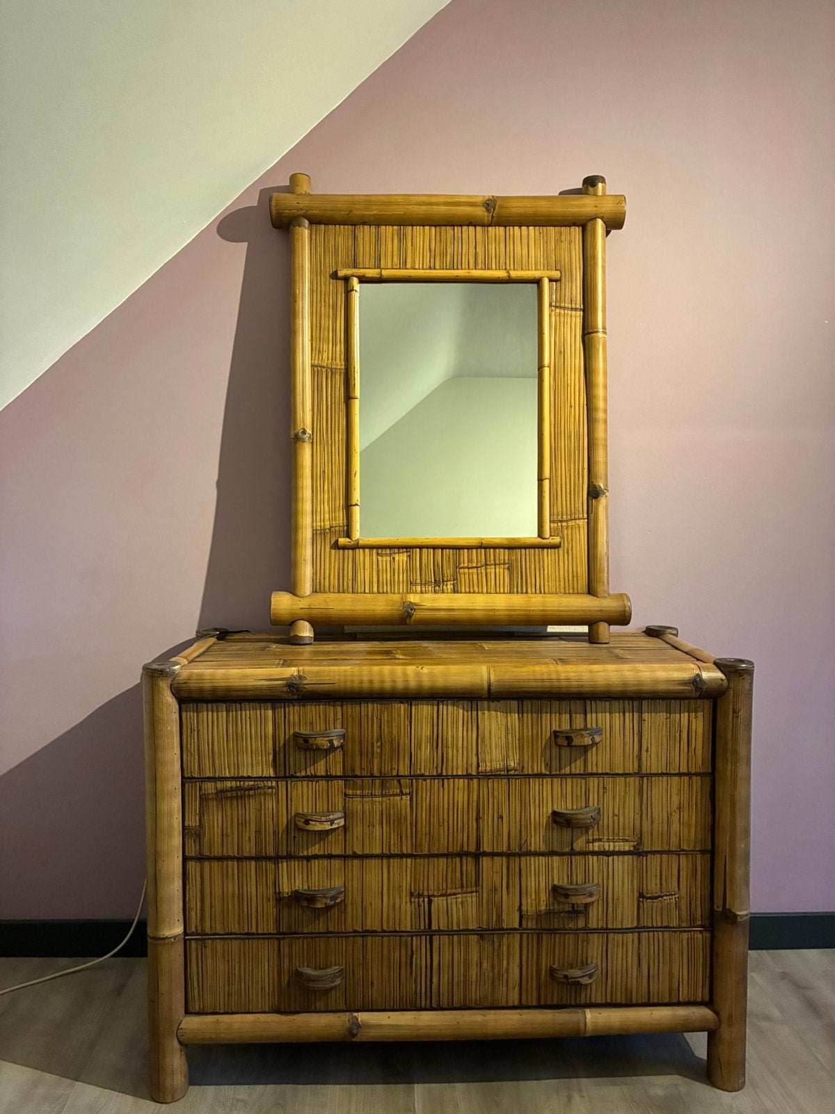 Bamboe commode/ladenkast met spiegel, Huis en Inrichting, Kasten | Ladekasten, Minder dan 100 cm, 50 tot 100 cm, 25 tot 50 cm