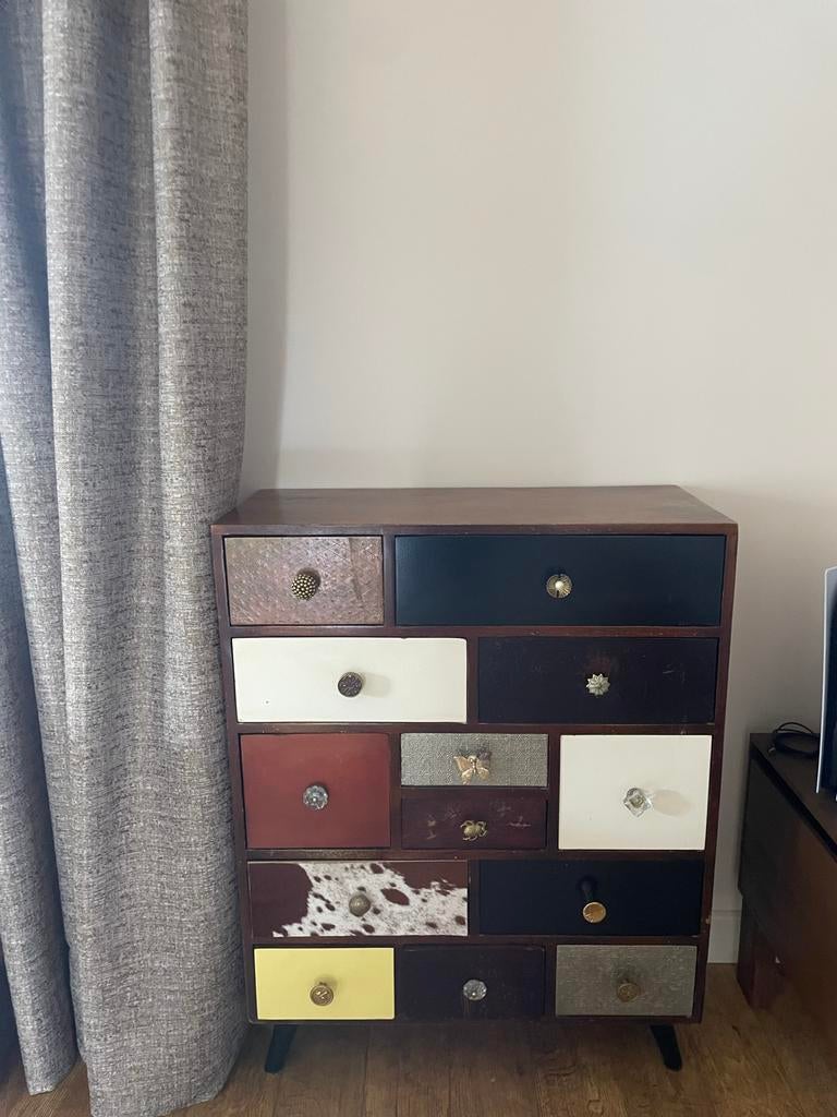 Unieke donkerhouten kast met diverse lades, Huis en Inrichting, Kasten | Ladekasten, Ophalen, Gebruikt, 5 laden of meer, 100 tot 150 cm