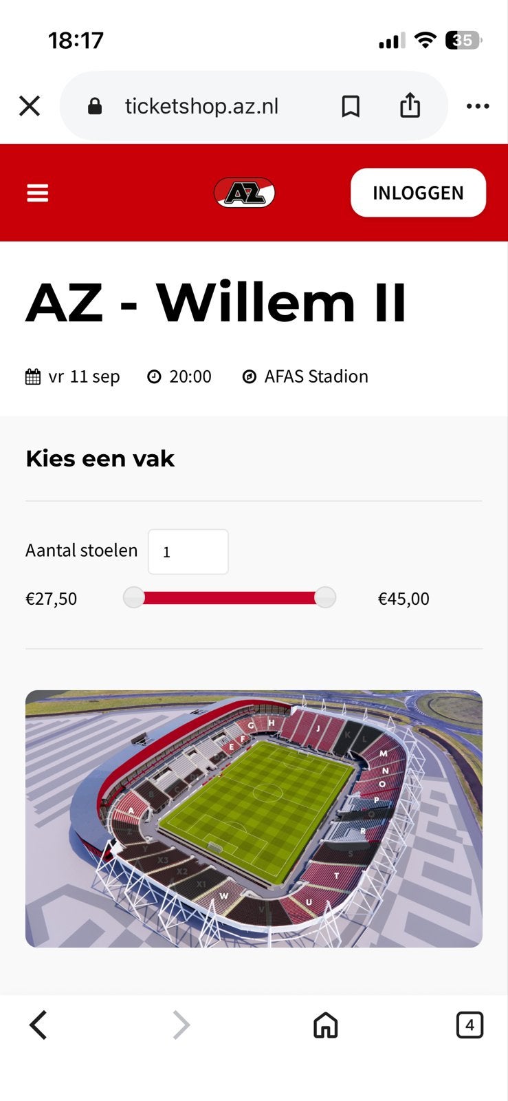 2 tickets AZ - Willem II, vak J, vrijdag 11 sept. 20:00, Tickets en Kaartjes, Sport | Voetbal, Losse kaart, Twee personen, September